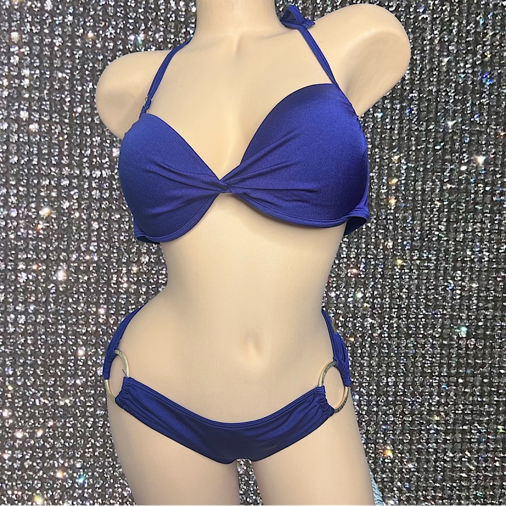 Victoria secret 2 piece set bikini top and bottoms navy shimmer blue gold rings